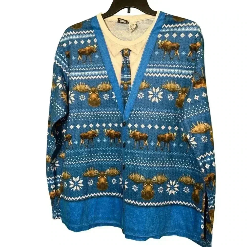 Men's Briefly Stated Moose Ugly Christmas Pajama Top XL Blue